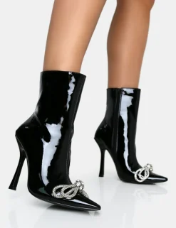 Public Desire Orla Patent Diamante Bow Pointed Toe Stiletto Ankle Boots | Women Heeled Boots