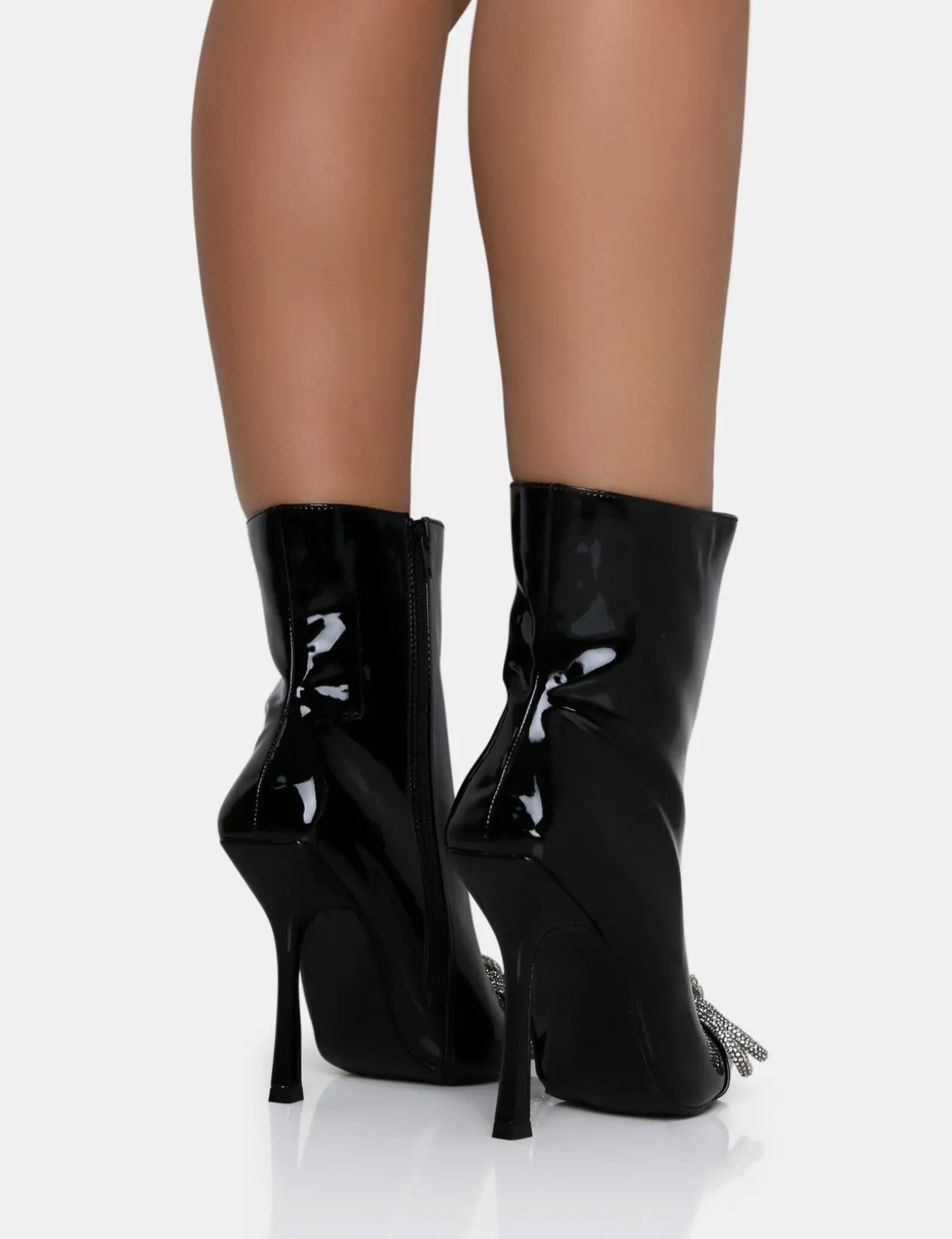 Public Desire Orla Patent Diamante Bow Pointed Toe Stiletto Ankle Boots | Women Heeled Boots