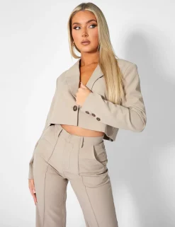 Public Desire Oversized Boxy Cropped Blazer Stone | Women Outerwear & Jackets
