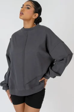 Public Desire Oversized Exposed Seam Detail Sweatshirt Dark Grey | Women Sweatshirt & Hoodies