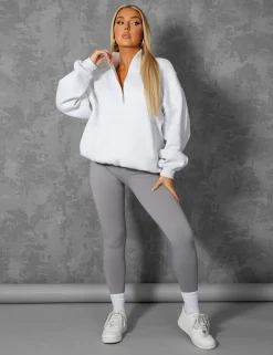 Public Desire Oversized Half Zip Pullover Pocket Front Sweatshirt Oatmeal Marl | Women Curve