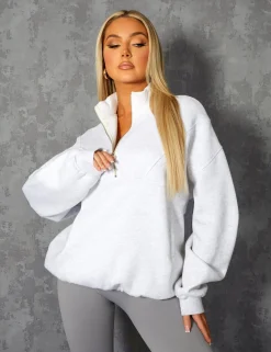 Public Desire Oversized Half Zip Pullover Pocket Front Sweatshirt Oatmeal Marl | Women Curve