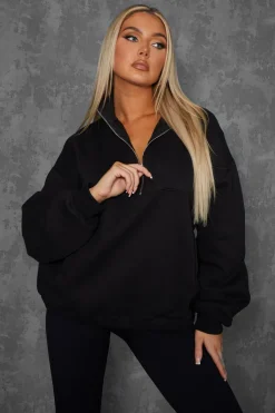 Public Desire Oversized Half Zip Pullover Pocket Front Sweatshirt | Women Curve