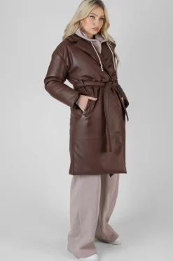 Public Desire Padded Pu Trench Chocolate | Women Outerwear & Jackets