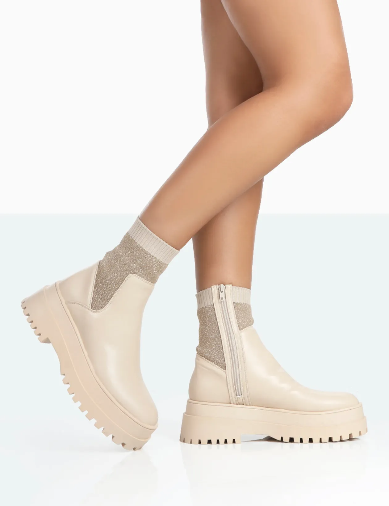 Public Desire Paloma Boucle Knit Platform Chunky Sole Sock Ankle Boots | Women Chunky Boots
