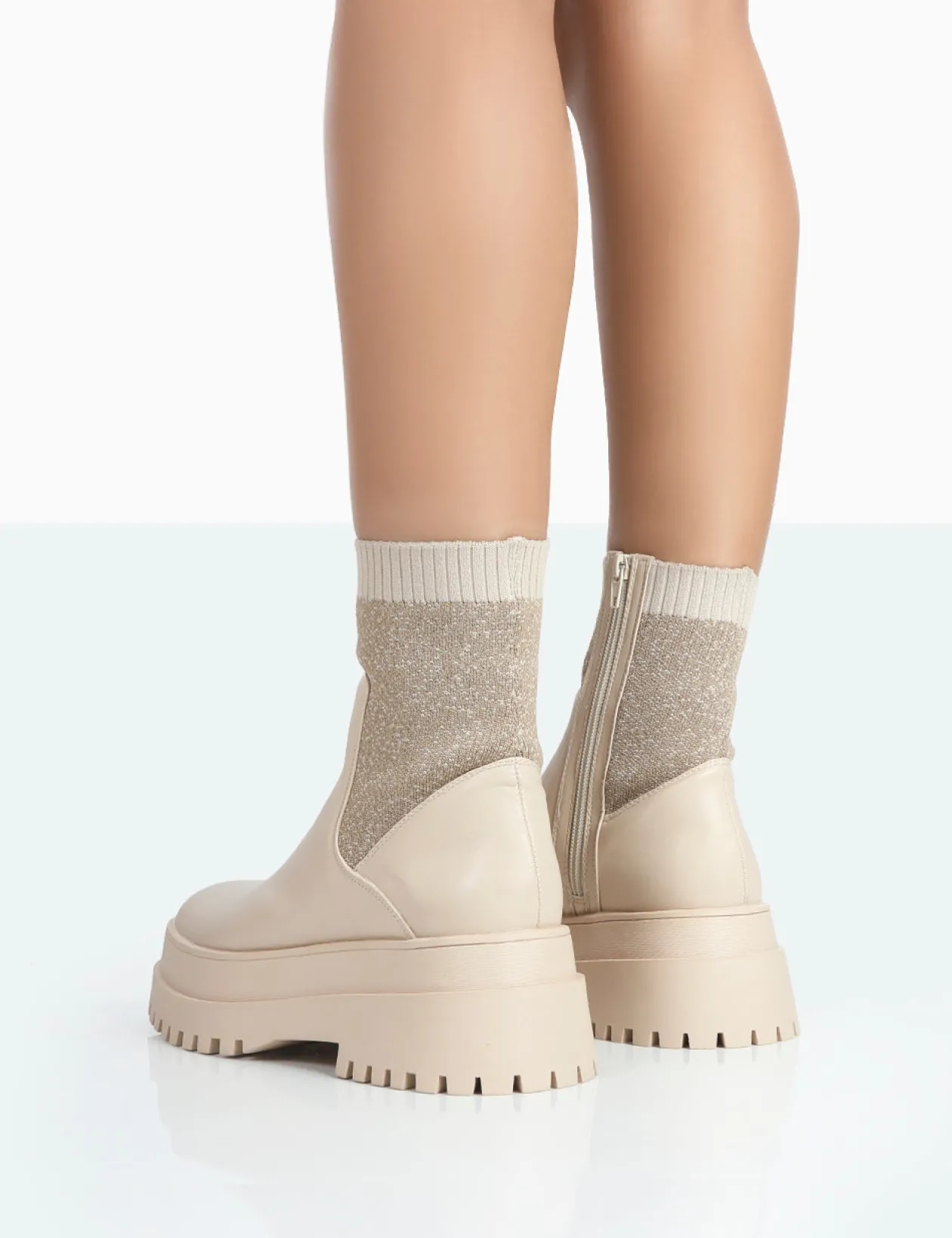 Public Desire Paloma Boucle Knit Platform Chunky Sole Sock Ankle Boots | Women Chunky Boots