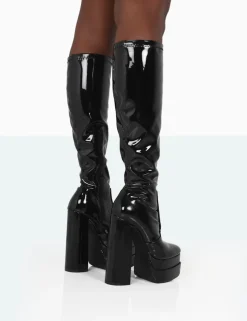 Public Desire Passive Patent Square Toe Platform Block High Heel Over The Knee Boots | Women Over The Knee Boots