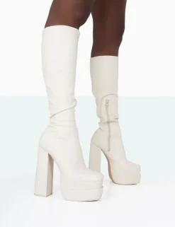 Public Desire Passive Pu Square Toe Platform Block High Heel Over The Knee Boots | Women Over The Knee Boots