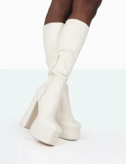 Public Desire Passive Wide Fit Pu Square Toe Platform Block High Heel Over The Knee Boots | Women Platform Heels