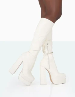 Public Desire Passive Wide Fit Pu Square Toe Platform Block High Heel Over The Knee Boots | Women Platform Heels