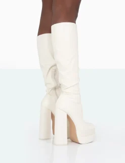 Public Desire Passive Wide Fit Pu Square Toe Platform Block High Heel Over The Knee Boots | Women Platform Heels