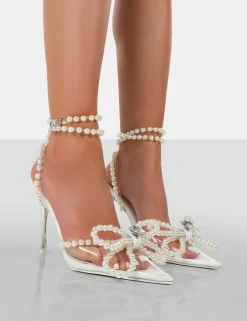 Public Desire Pearl Wide Fit Bow Clear Perspex Wrap Around Party Pointed Toe Stiletto Court Heels | Women Court Heels