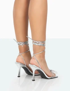 Public Desire Peony Silver Croc Pu Strappy Bow Square Toe Stiletto Heels | Women Square Toe Heels