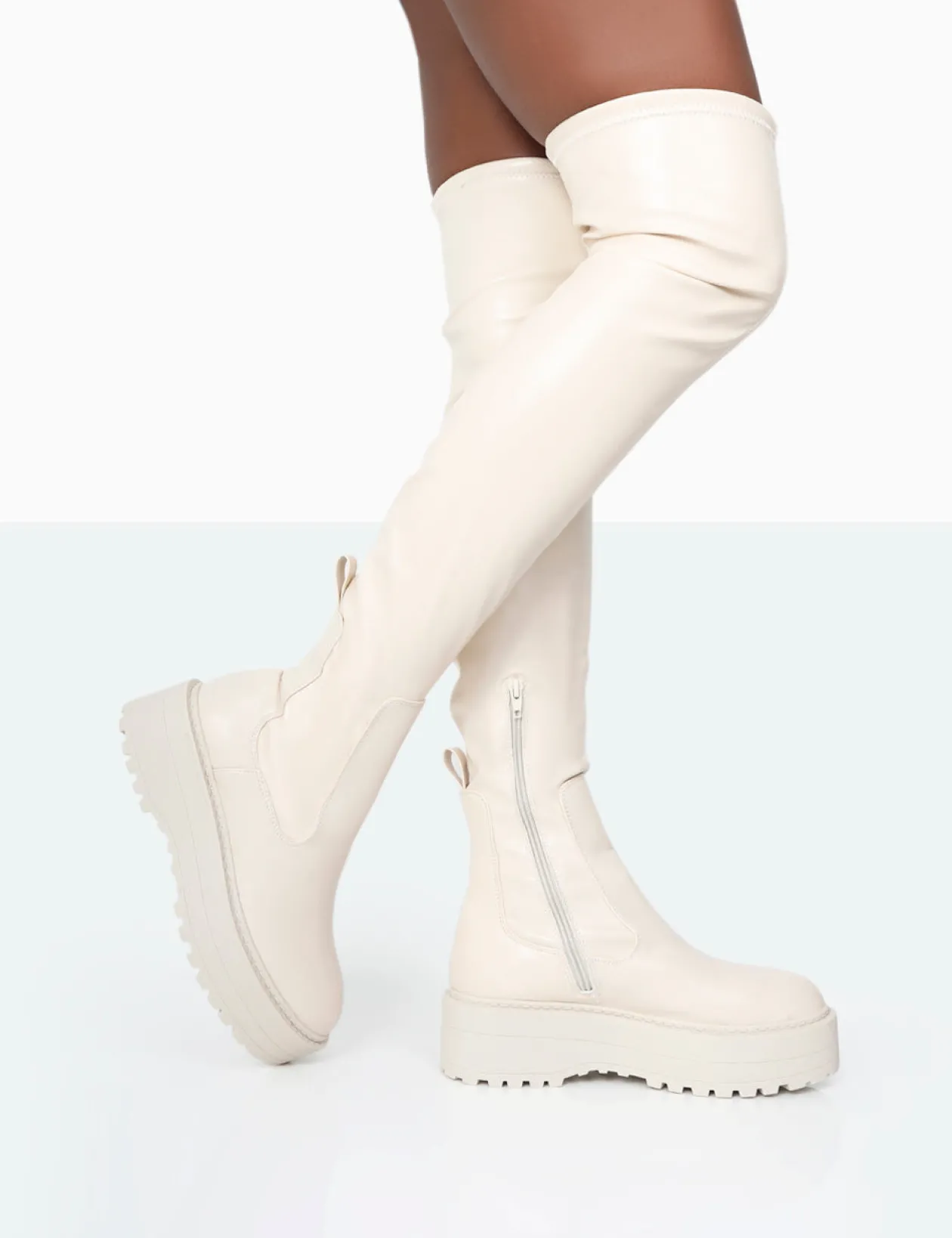 Public Desire Pheonixe Pu Chunky Sole Round Toe Over The Knee Boots | Women Chunky Boots