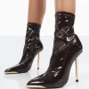 Public Desire Player Choc Patent Stiletto Heel Ankle Boots | Women Ankle Boots