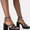 Public Desire Playout Satin Diamante Strappy Platform Square Toe Mid Block Heels | Women Square Toe Heels