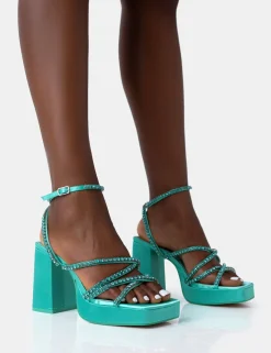 Public Desire Playout Satin Diamante Strappy Platform Square Toe Mid Block Heels | Women Square Toe Heels