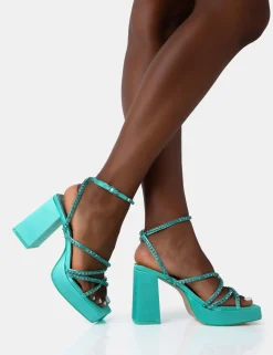 Public Desire Playout Satin Diamante Strappy Platform Square Toe Mid Block Heels | Women Square Toe Heels