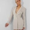 Public Desire Pocket Detail Cut Out Waist Tailored Blazer Dress Ecru | Women Dresses