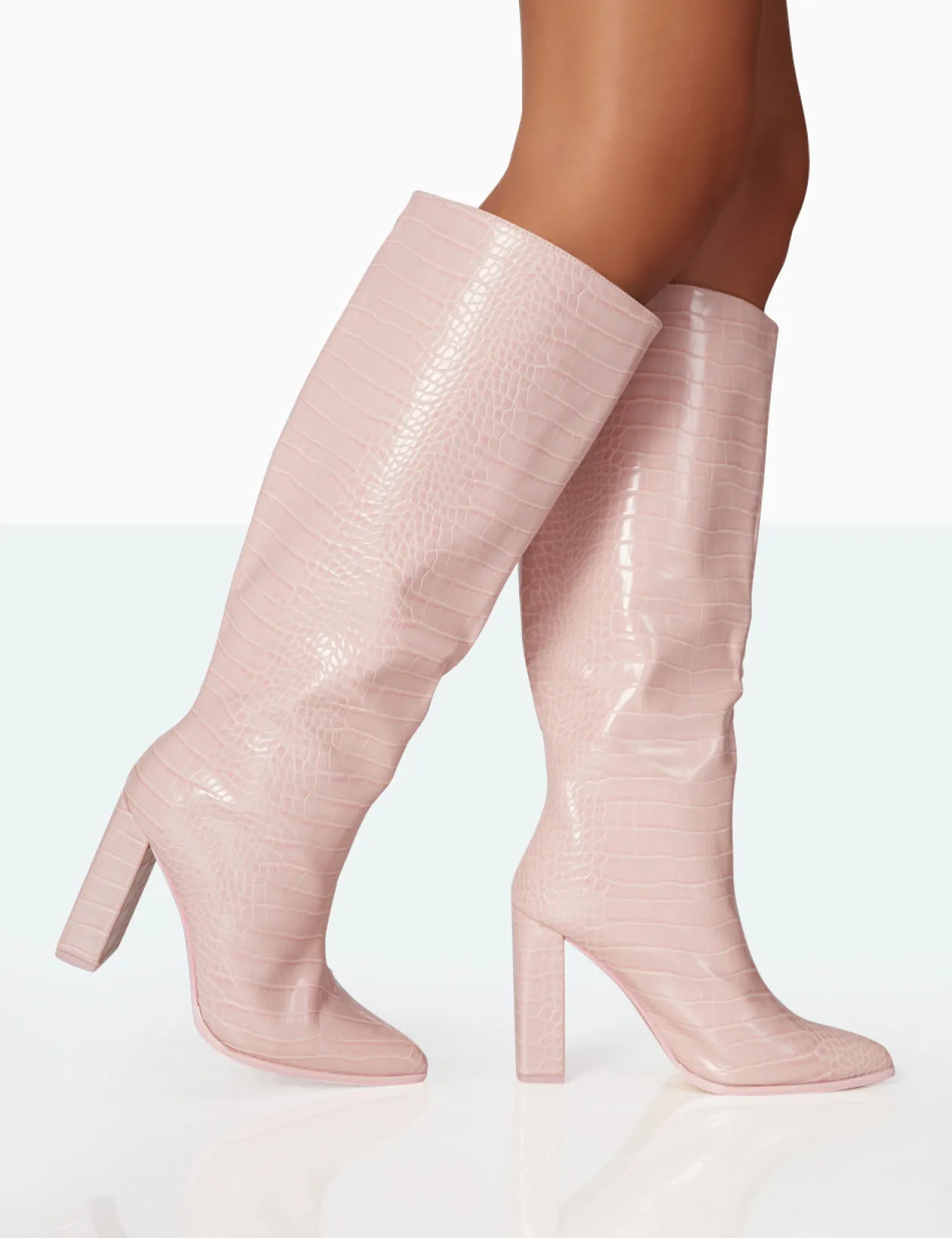 Public Desire Posie Baby Croc Pu Knee High Block Heel Boots | Women Sock Fit Boots