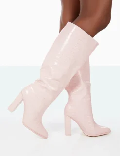 Public Desire Posie Wide Fit Baby Croc Pu Knee High Block Heel Boots | Women Sock Fit Boots