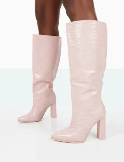 Public Desire Posie Wide Fit Baby Croc Pu Knee High Block Heel Boots | Women Sock Fit Boots