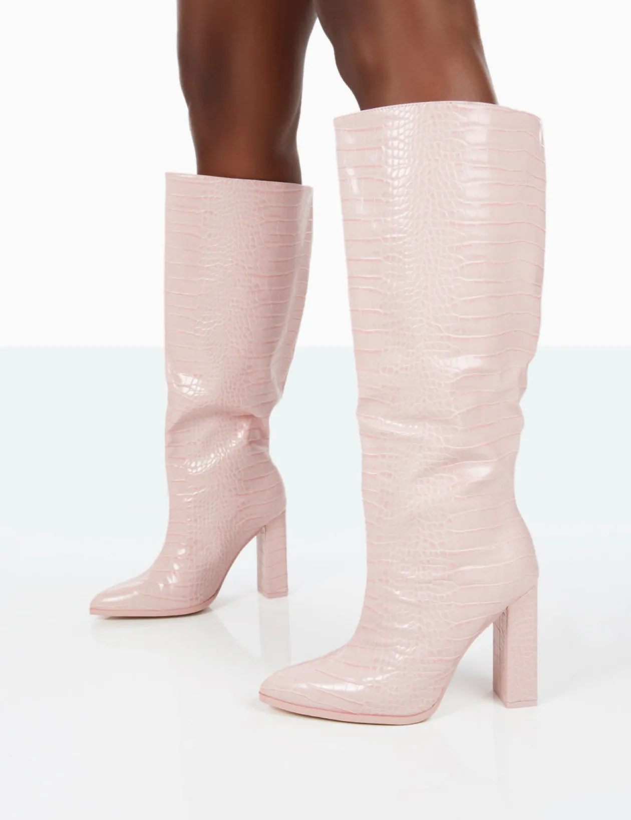 Public Desire Posie Wide Fit Baby Croc Pu Knee High Block Heel Boots | Women Sock Fit Boots