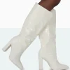 Public Desire Posie Wide Fit Ecru Croc Knee High Block Heel Boots | Women Sock Fit Boots