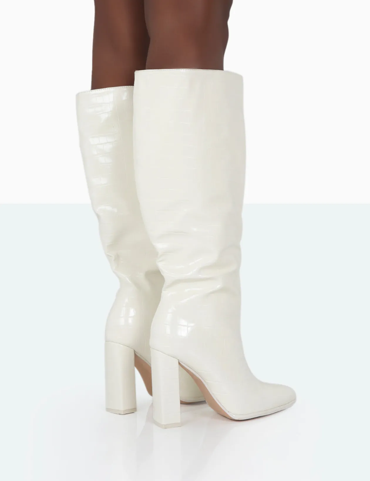 Public Desire Posie Wide Fit Ecru Croc Knee High Block Heel Boots | Women Sock Fit Boots