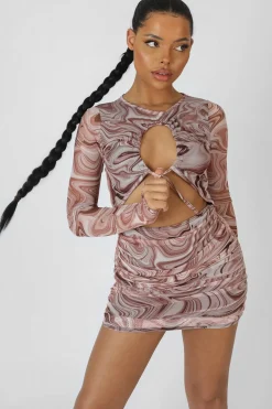 Public Desire Printed Mesh Cut Out Ruched Mini Dress | Women Dresses