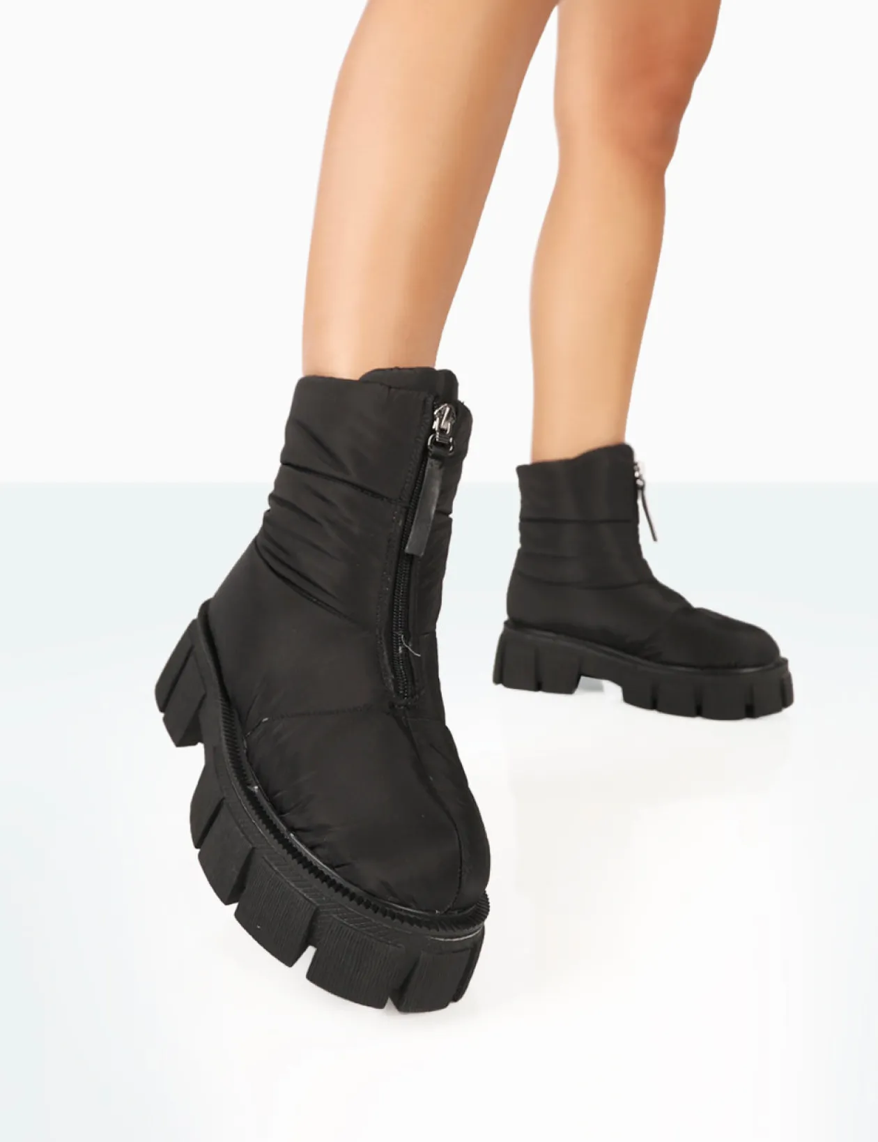Public Desire Puffy Nylon Zip Up Chunky Sole Snow Ankle Boots | Women Chunky Boots