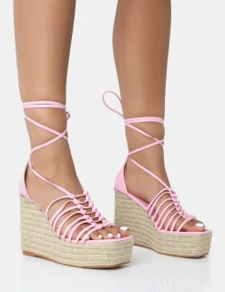 Public Desire Reece Baby Pu Knot Strap Lace Up Raffia Wedge Heels | Women Wedges
