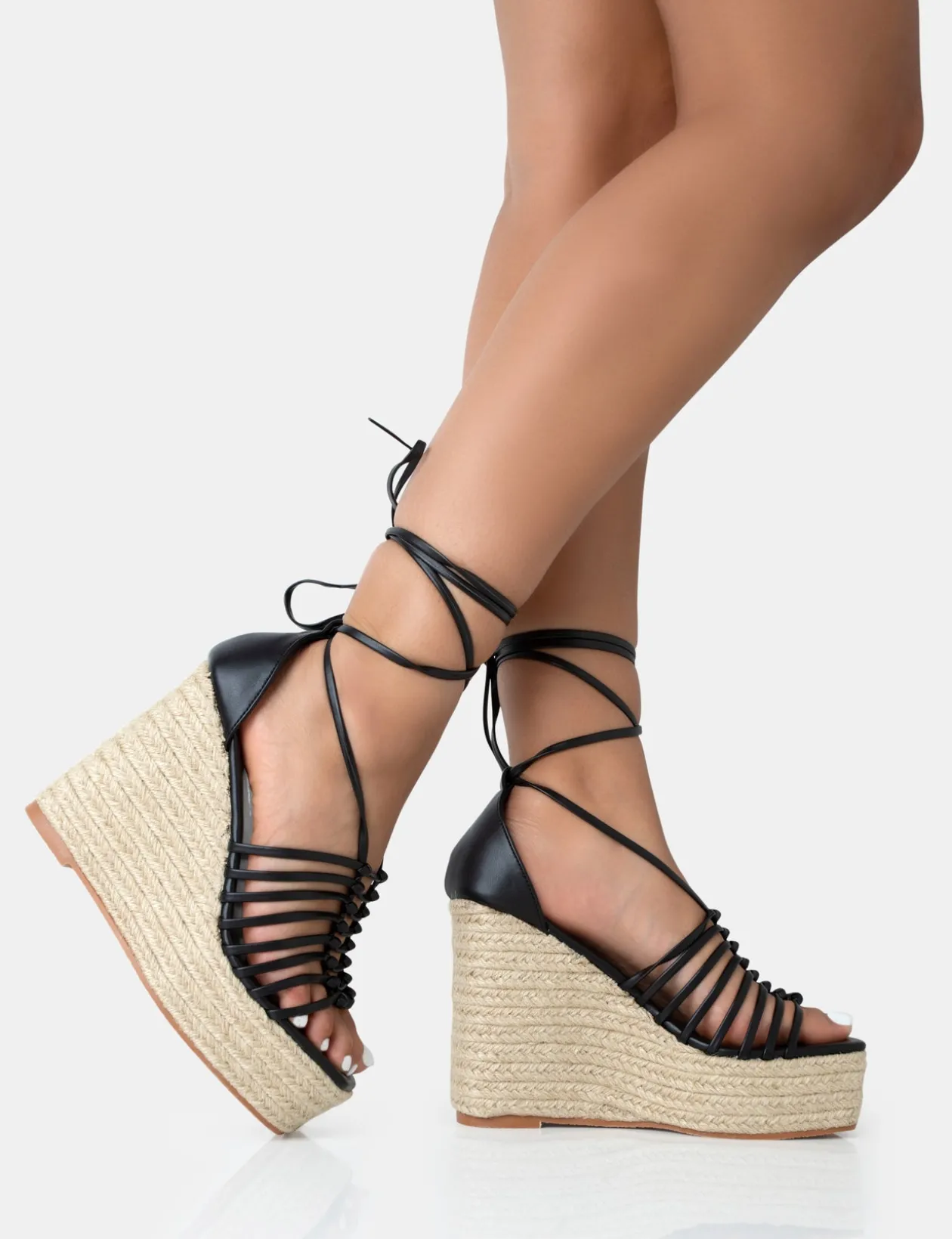 Public Desire Reece Pu Knot Strap Lace Up Raffia Wedge Heels | Women Wedges