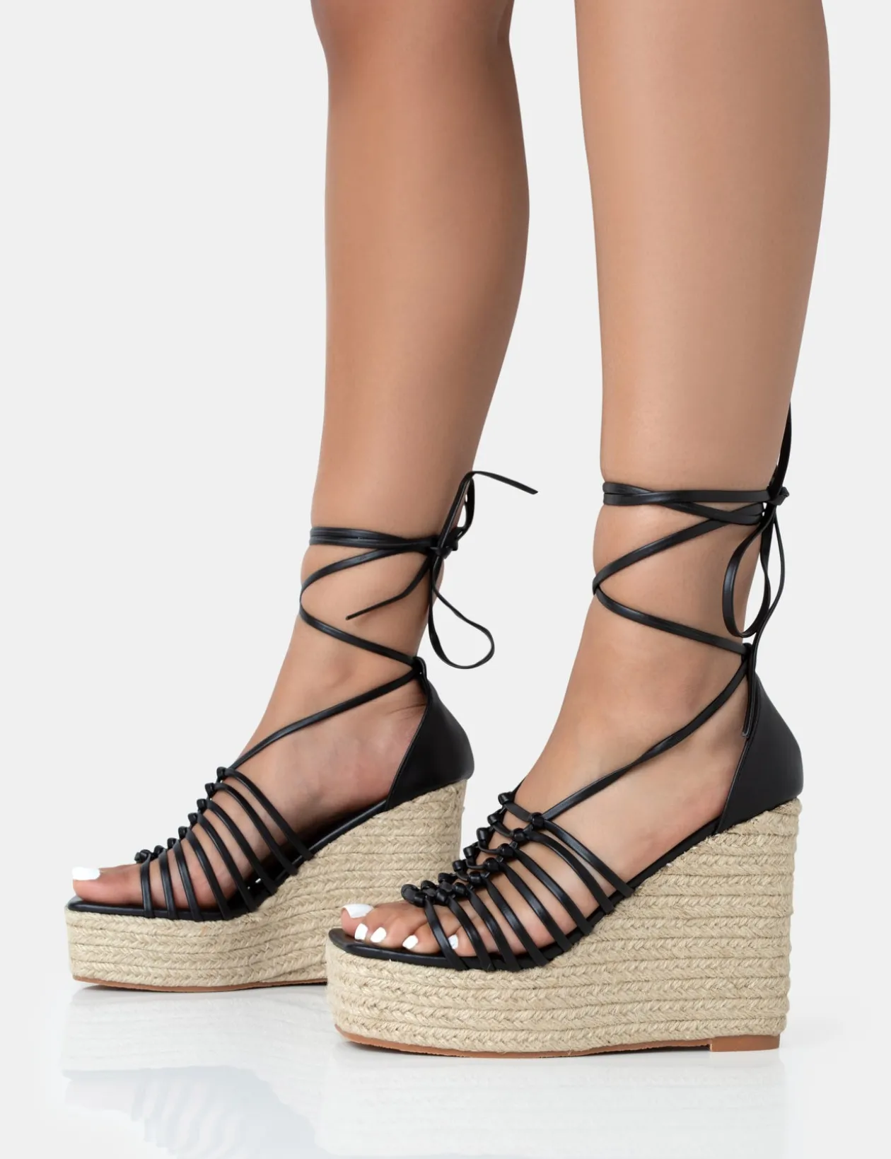 Public Desire Reece Pu Knot Strap Lace Up Raffia Wedge Heels | Women Wedges
