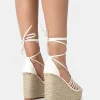 Public Desire Reece Wide Fit Pu Knot Strap Lace Up Raffia Wedge Heels | Women Wide Fit Heels