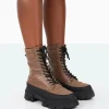 Public Desire Refresh Mocha Pu Nylon Lace Up Platform Chunky Sole Ankle Boots | Women Chunky Boots