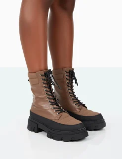 Public Desire Refresh Mocha Pu Nylon Lace Up Platform Chunky Sole Ankle Boots | Women Chunky Boots