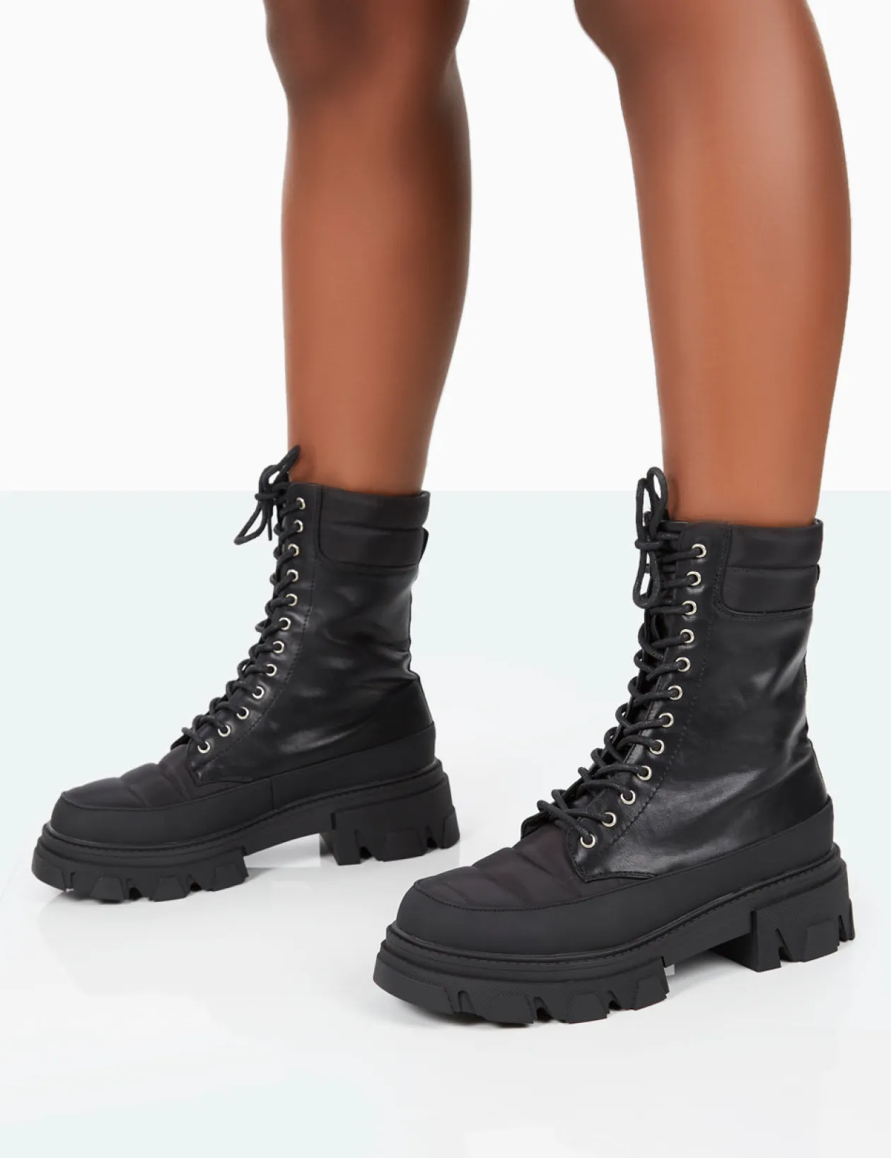 Public Desire Refresh Pu Nylon Lace Up Platform Chunky Sole Ankle Boots | Women Chunky Boots