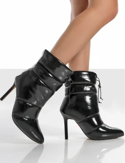 Public Desire Reset Patent Puffer Drawstring Stiletto Heeled Boots | Women Heeled Boots