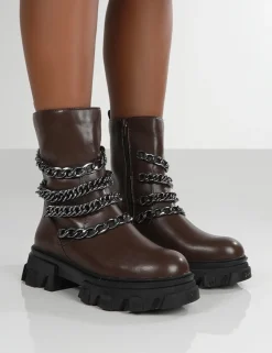 Public Desire Restrain Chocolate Pu Chain Detail Platform Chunky Sole Ankle Boot | Women Ankle Boots