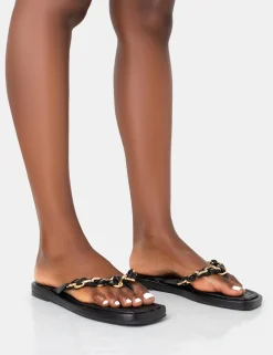 Public Desire Retreat Pu Chain Strap Flip Flop Sandals | Women Black Sandals