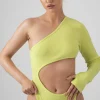 Public Desire Ribbed Cut Out One Sleeve Bodysuit Lime | Women Bodysuits