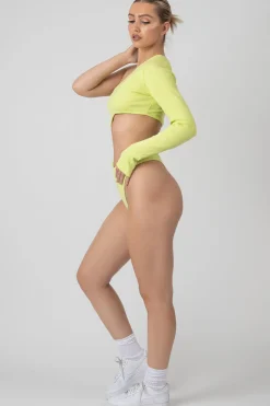 Public Desire Ribbed Cut Out One Sleeve Bodysuit Lime | Women Bodysuits