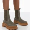 Public Desire Rise Khaki Platform Chunky Rubber Sole Chelsea Boots | Women Flat Boots