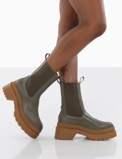 Public Desire Rise Khaki Platform Chunky Rubber Sole Chelsea Boots | Women Flat Boots