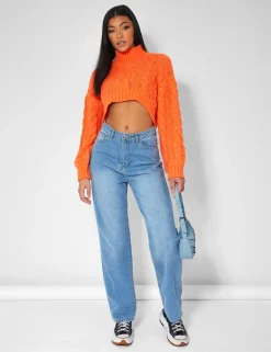 Public Desire Roll Neck Cropped Cable Knitted Jumper | Women Knitwear