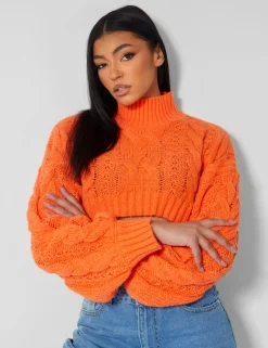 Public Desire Roll Neck Cropped Cable Knitted Jumper | Women Knitwear