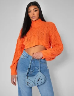 Public Desire Roll Neck Cropped Cable Knitted Jumper | Women Knitwear