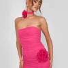 Public Desire Rose Detail Bandeau Mesh Mini Dress Hot Pink | Women Dresses