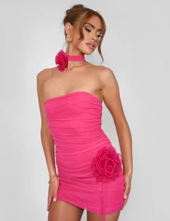 Public Desire Rose Detail Bandeau Mesh Mini Dress Hot Pink | Women Dresses